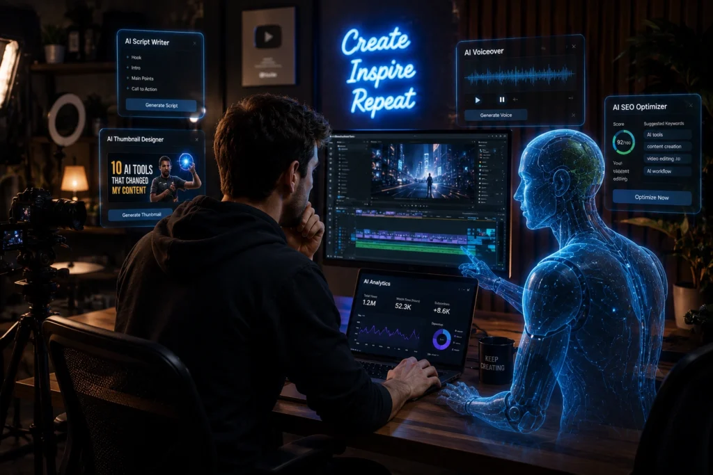 YouTube creator using multiple AI tools for video editing, script writing, voice generation, thumbnail design, and channel optimization in a modern content creation studio