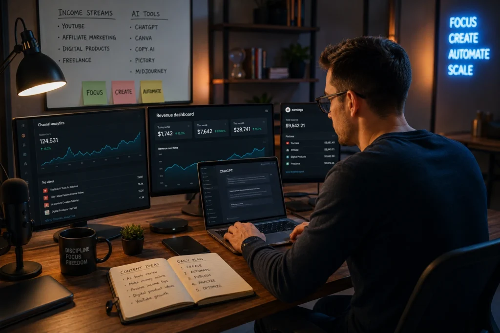 Entrepreneur using AI tools, analytics dashboards, and automation software to build multiple online income streams and grow AI-powered side hustles in 2026.