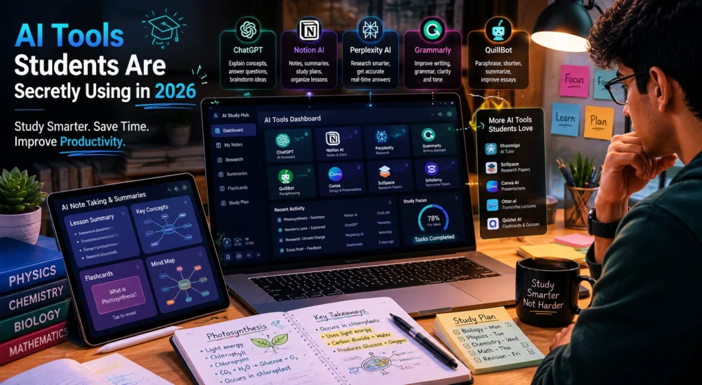 Student using AI research tools such as ChatGPT, Perplexity AI, Notion AI, and NotebookLM for academic research and study projects