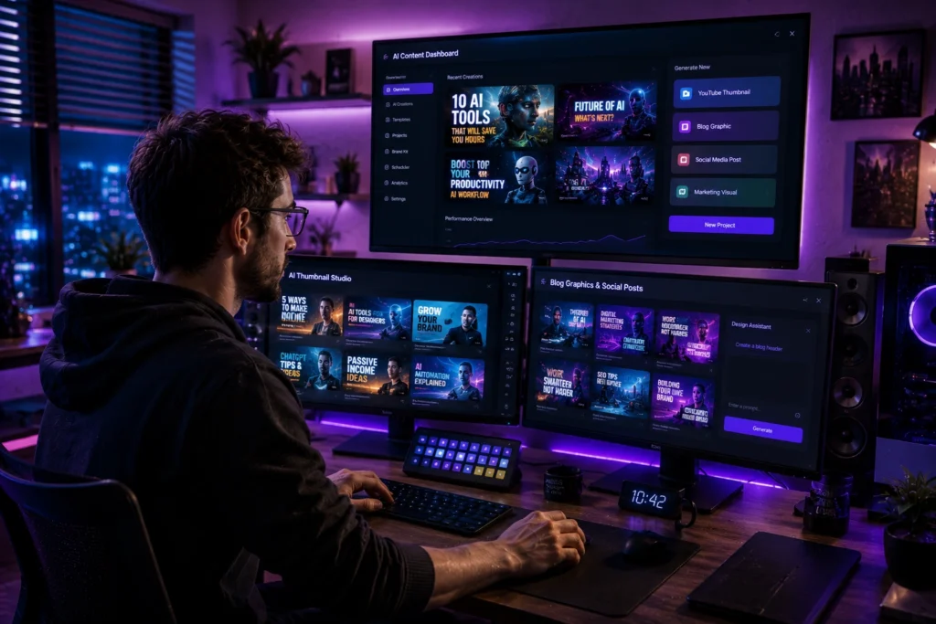Content creator using AI-powered design tools to create YouTube thumbnails, blog graphics, social media posts, and marketing visuals from a centralized creative dashboard.