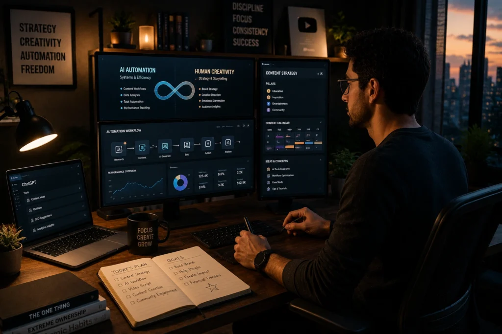 Creator building a long-term AI business by focusing on one skill, using automation tools strategically, and creating a sustainable content and income system.