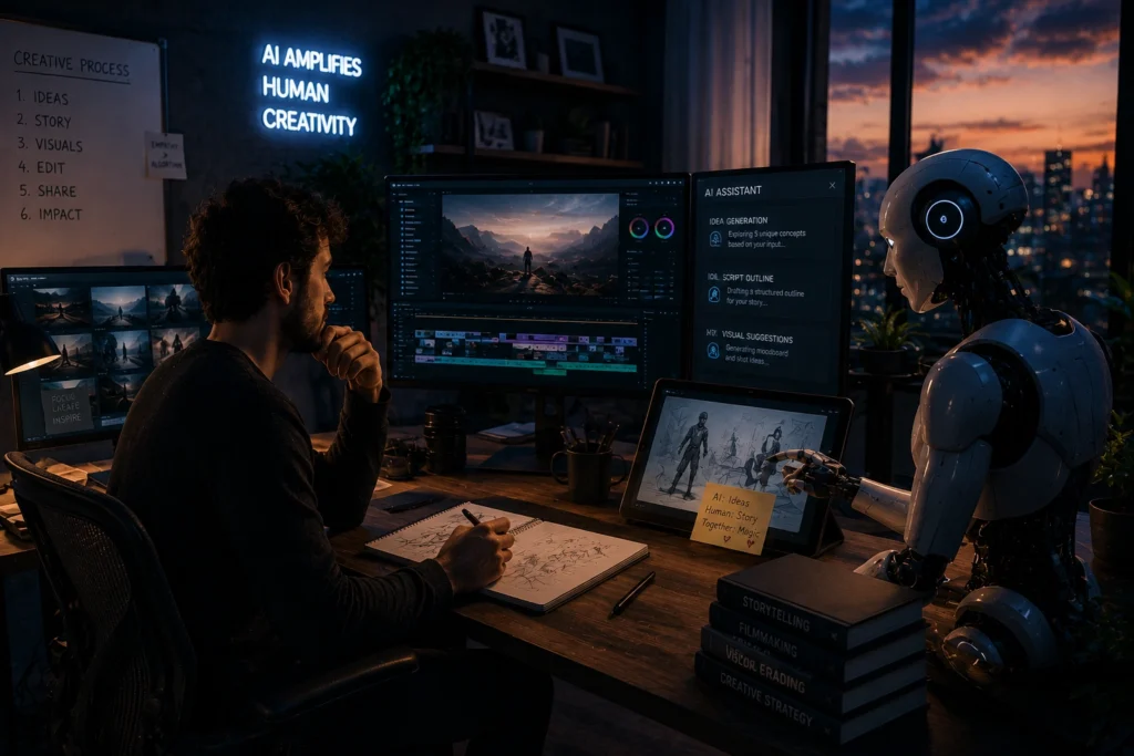 Creator using AI tools responsibly to enhance creativity, productivity, and content creation without burnout
