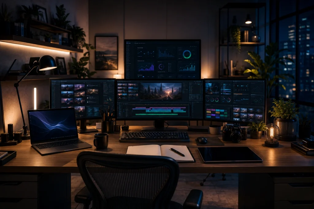 Healthy AI-powered workspace designed for balanced productivity, creativity, and sustainable content creation