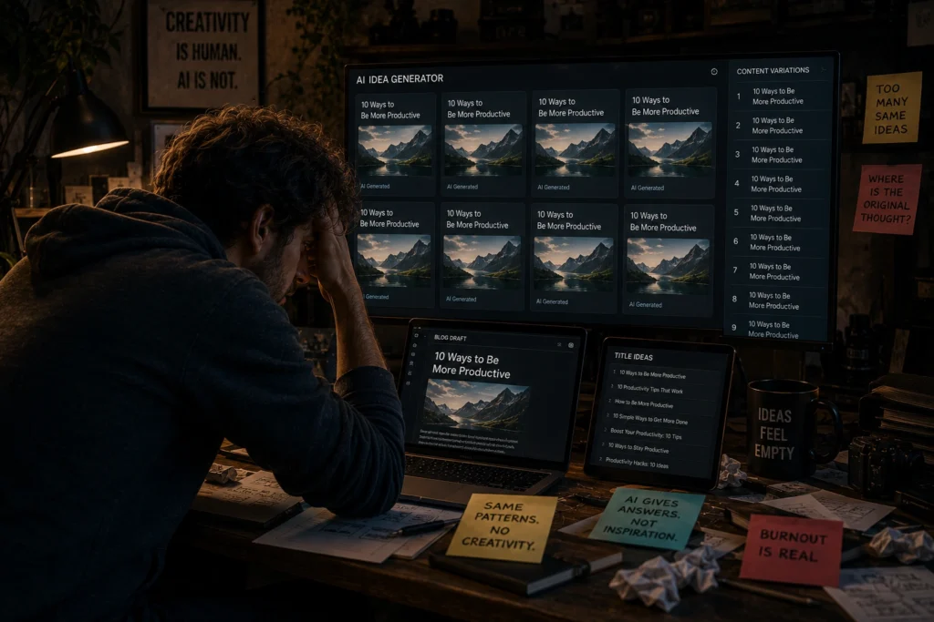 Creator overwhelmed by repetitive AI-generated content ideas displayed across multiple screens, highlighting concerns about reduced originality, creative stagnation, and the long-term impact of AI on human creativity.