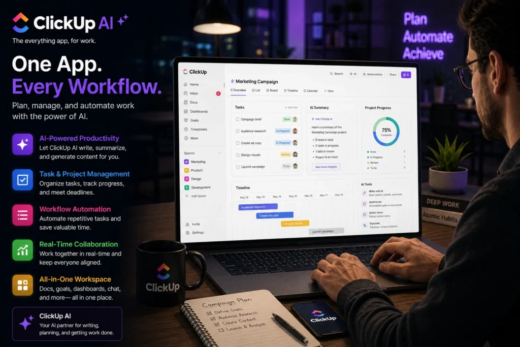 Professional using ClickUp AI for project management, workflow automation, task tracking, team collaboration, and productivity optimization in a business workspace