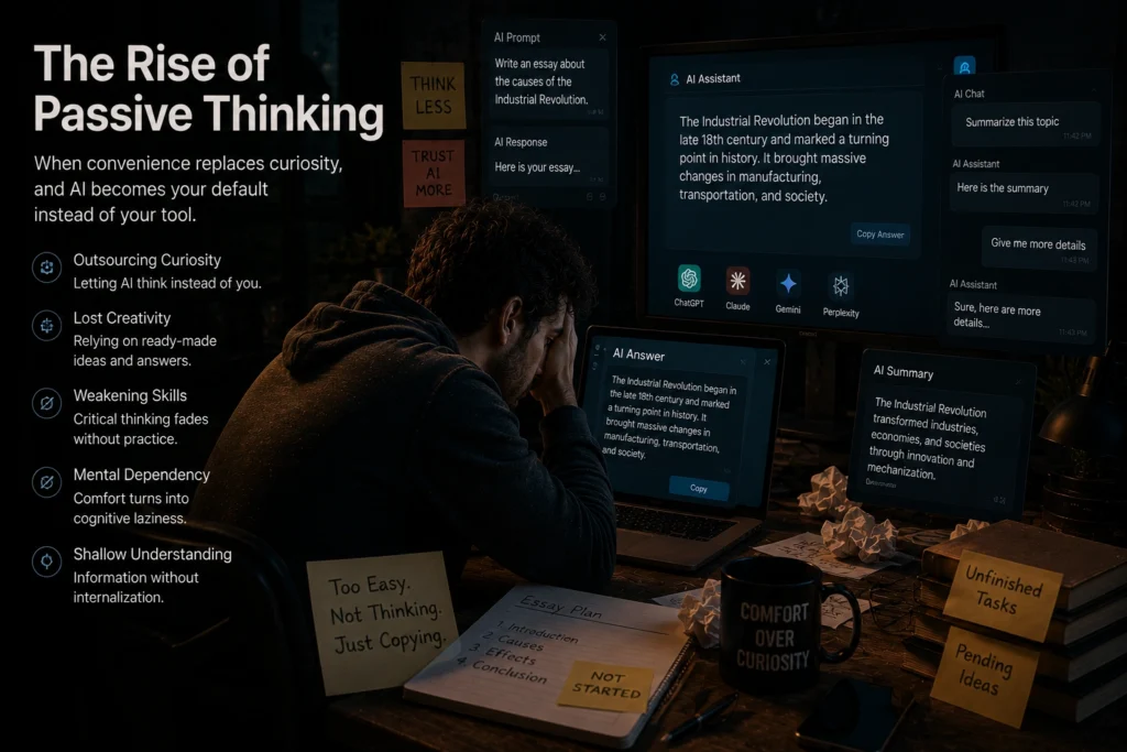 Person overwhelmed by AI-generated answers and summaries on multiple screens, illustrating passive thinking, reduced critical thinking, and growing dependence on artificial intelligence for everyday decisions.