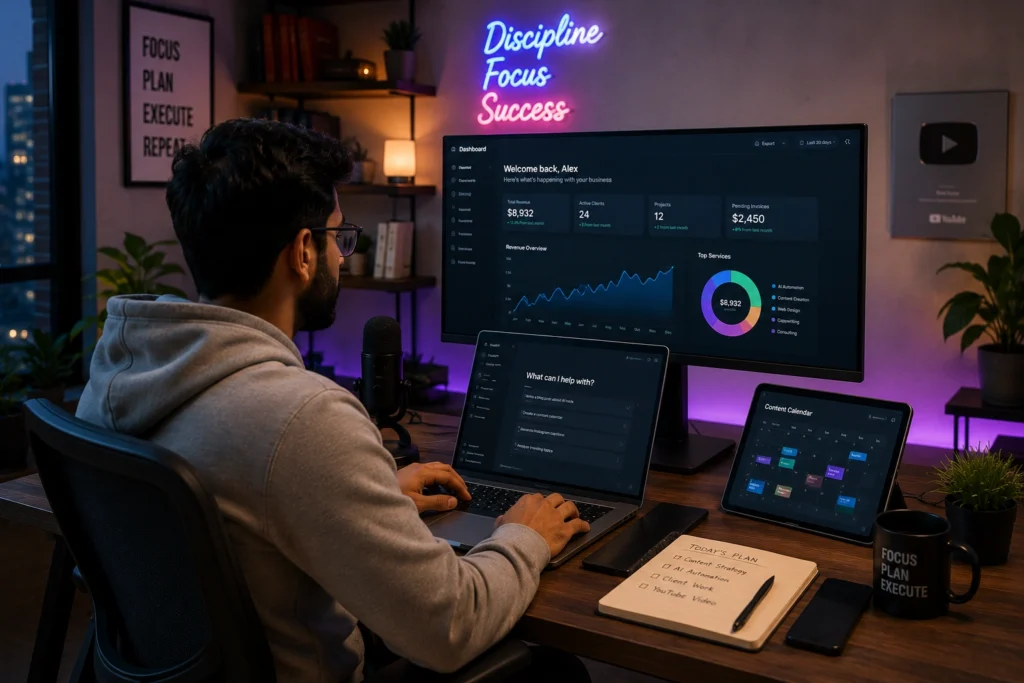 Entrepreneur using AI tools, analytics dashboards, and automation software to build profitable side hustles, freelance income, and digital businesses in 2026.