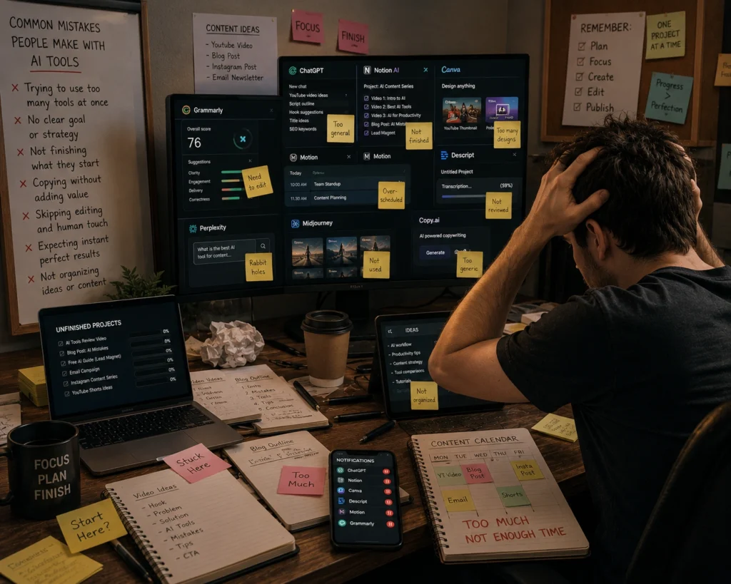 Common mistakes when using AI tools including poor workflow organization, overreliance on AI, and lack of planning
