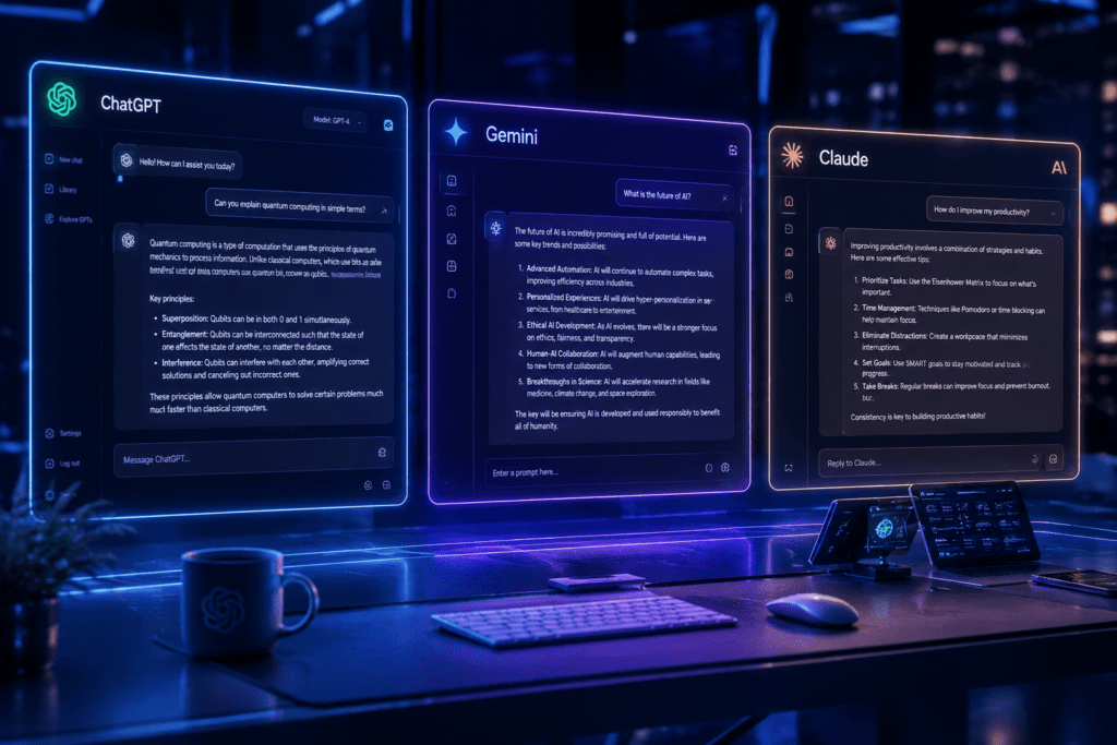 AI chatbots including ChatGPT, Google Gemini, and Claude AI helping users with writing, research, productivity, and problem solving
