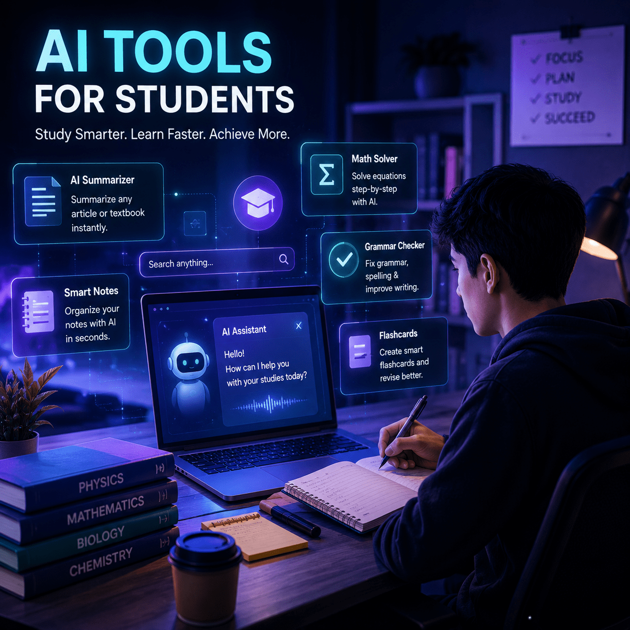 AI tools for students helping with studying, homework, note-taking, and academic productivity