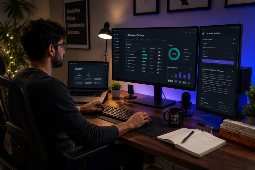 Freelancer using AI-powered productivity and content creation tools across multiple screens to manage projects, research, writing, and client work efficiently