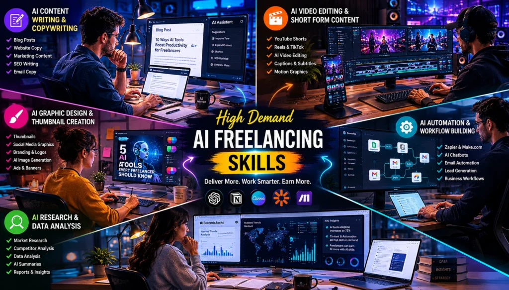 High-demand AI freelancing jobs including content writing, video editing, automation, SEO, and digital marketing services