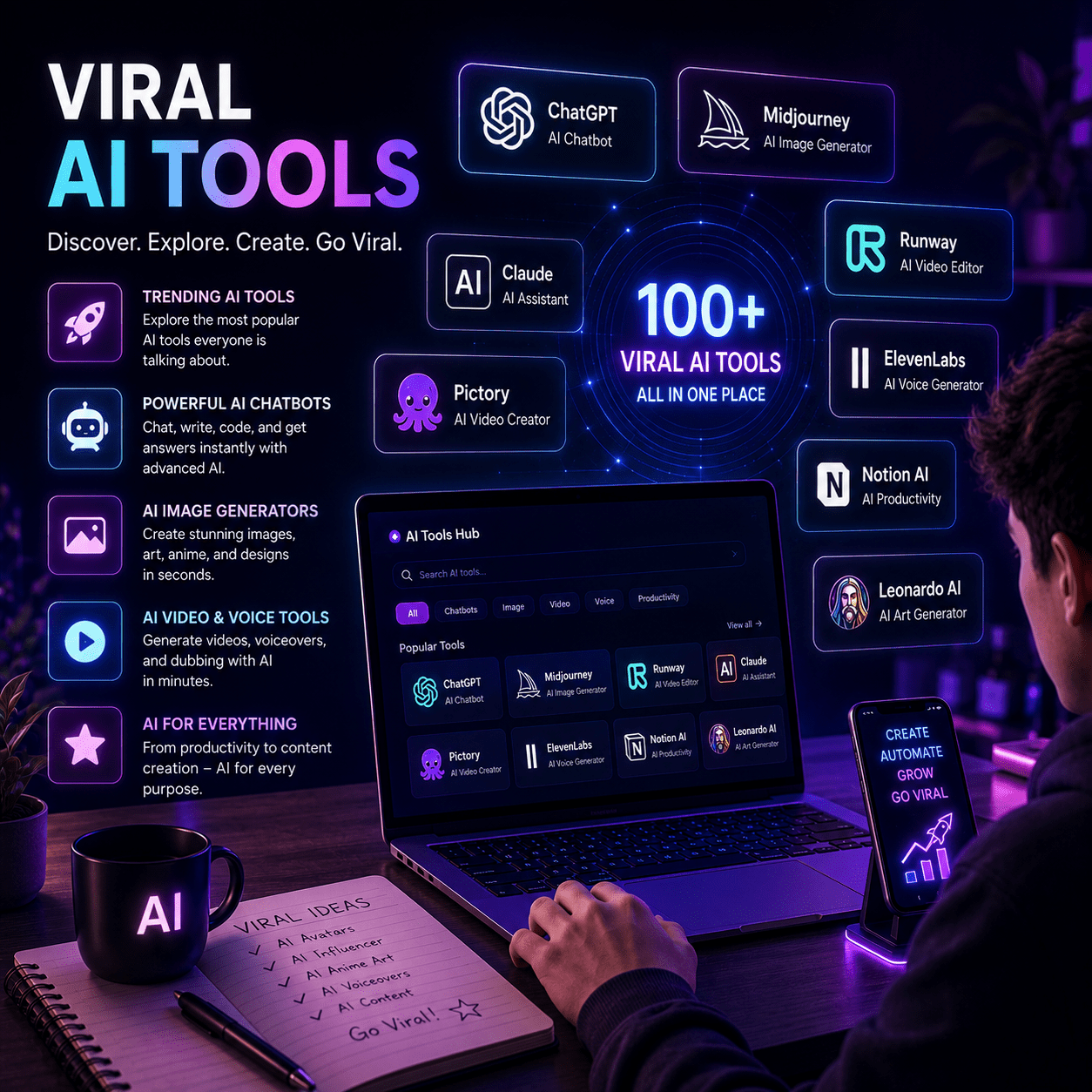 Best viral AI tools for content creation, productivity, marketing, and social media growth