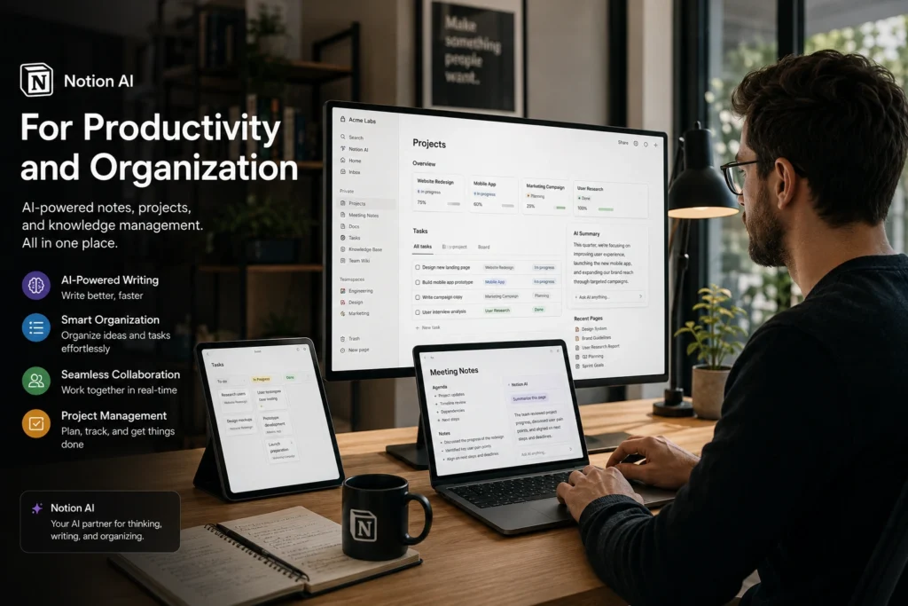 Professional using Notion AI for project management, note-taking, task organization, content planning, and team collaboration in a centralized workspace
