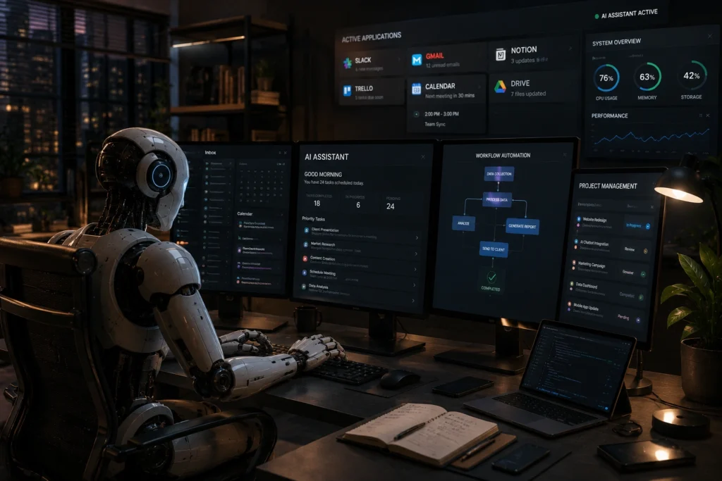 AI agent dashboard automating research, scheduling, workflow management, and productivity tasks