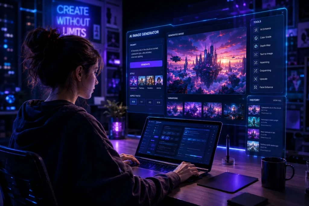 Person using an AI image generator platform to create digital artwork from text prompts, with AI-generated fantasy artwork displayed on a computer screen