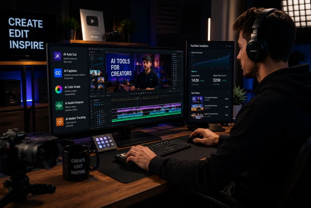 YouTube creator using CapCut AI for video editing, automatic captions, short-form content creation, AI effects, and social media video production
