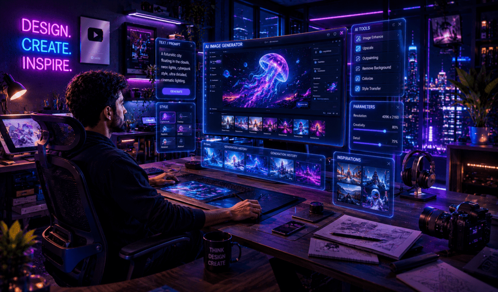 AI graphic design tools helping creators generate images, design graphics, create marketing visuals, and digital artwork