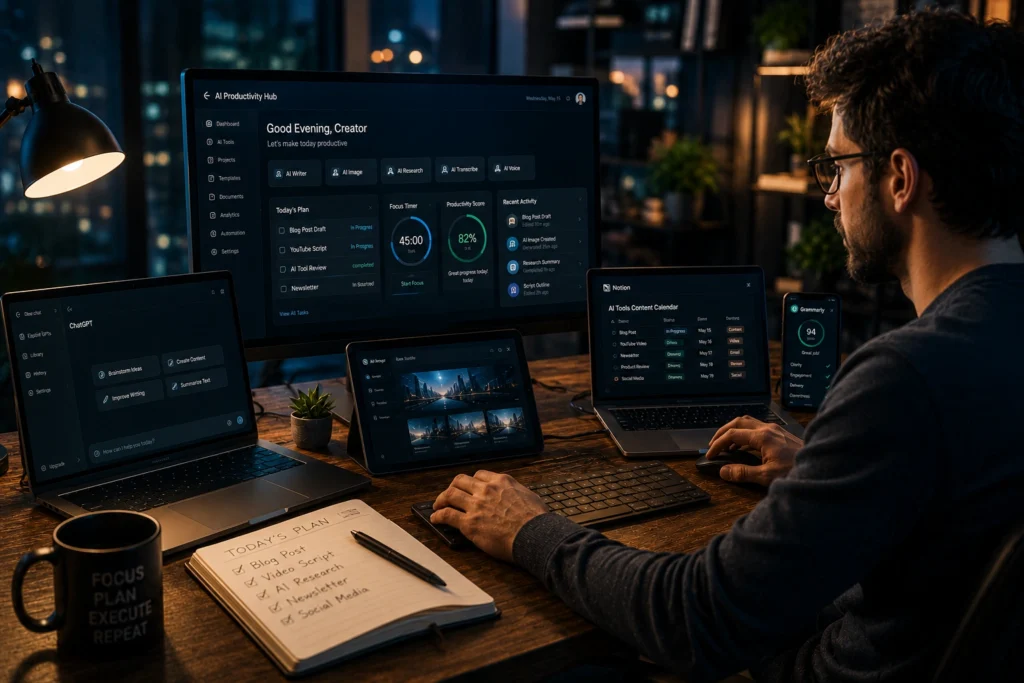 Professional using AI productivity tools to manage tasks, content creation, and workflow automation in 2026
