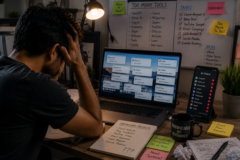 Freelancer overwhelmed by too many AI tools, tasks, and automation workflows on a busy workspace