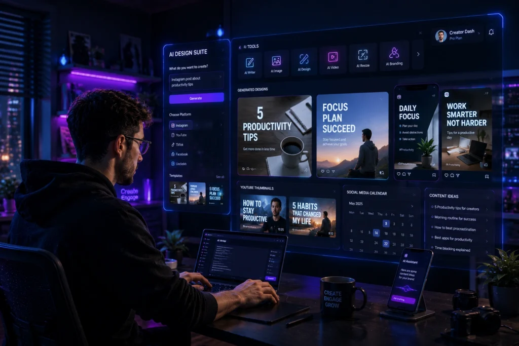 Creator using Leonardo AI to generate custom digital artwork, branding assets, character designs, and social media graphics through an AI-powered creative design platform.