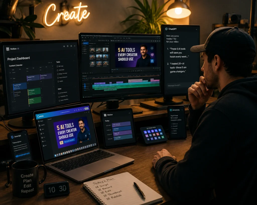 Content creator using AI tools for video editing, content planning, research, and productivity management