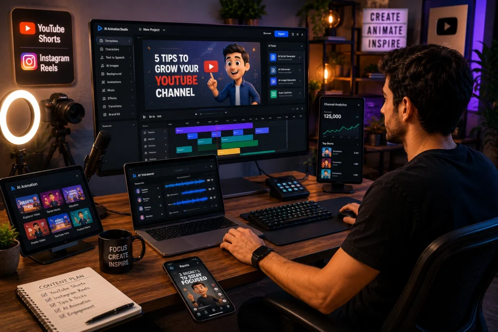 Content creator using AI animation software to create YouTube Shorts, Instagram Reels, and social media videos with animated characters, voiceovers, editing tools, and performance analytics.