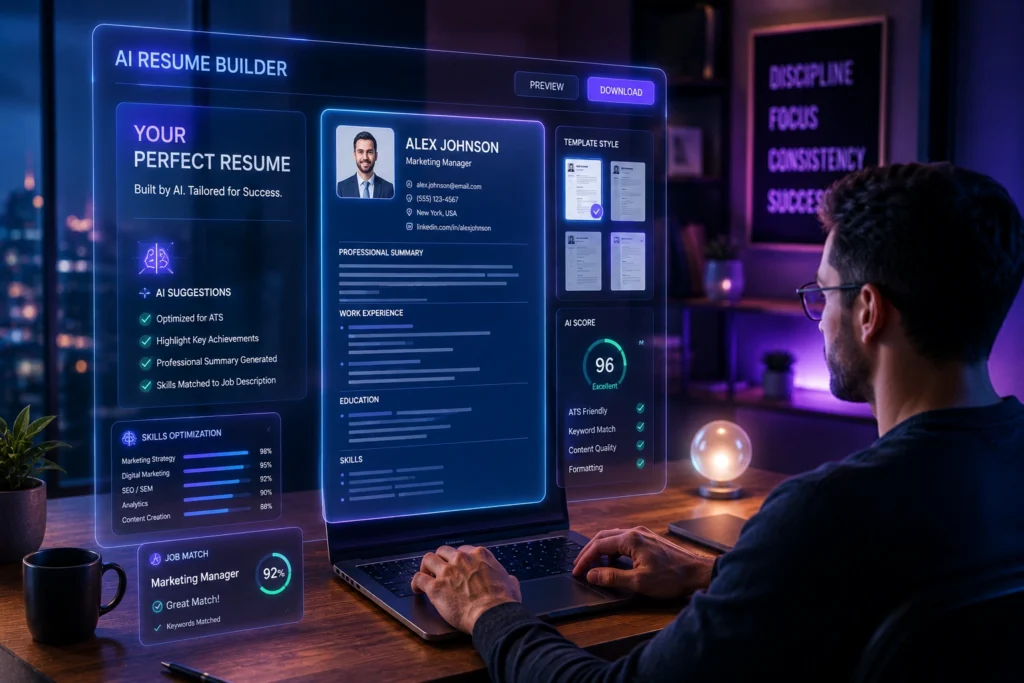 Professional using an AI resume builder to create an ATS-optimized resume with AI-generated suggestions, resume scoring, keyword matching, template selection, and job application optimization features.