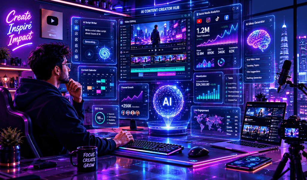 AI content creator using artificial intelligence tools for video editing, content planning, social media growth, and digital content creation