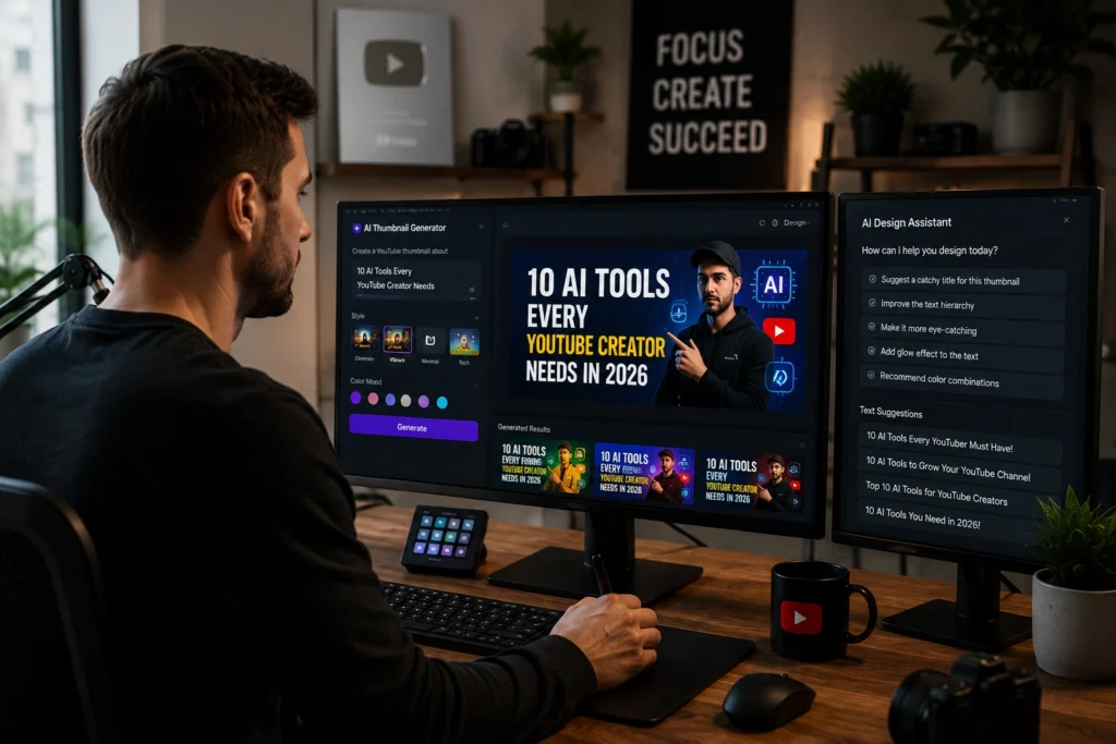 YouTube creator using Canva AI to design video thumbnails, channel banners, social media graphics, and YouTube branding assets