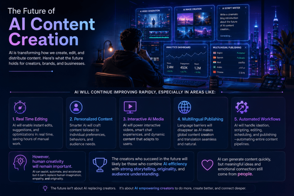 Future of AI content creation featuring AI-powered writing, video generation, image creation, analytics, and multilingual publishing tools