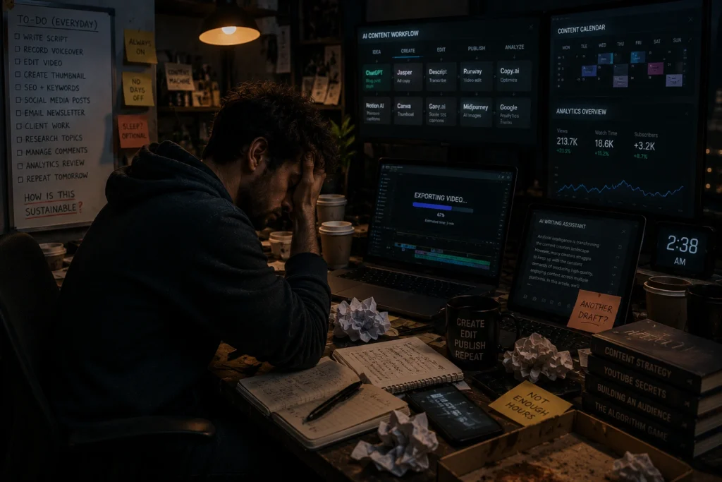Exhausted content creator experiencing AI burnout from nonstop productivity, content creation, and digital workload