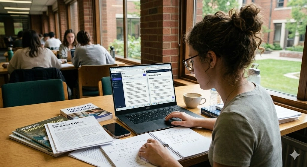 Student using Otter AI to transcribe lectures, organize notes, and review class discussions in a university study environment