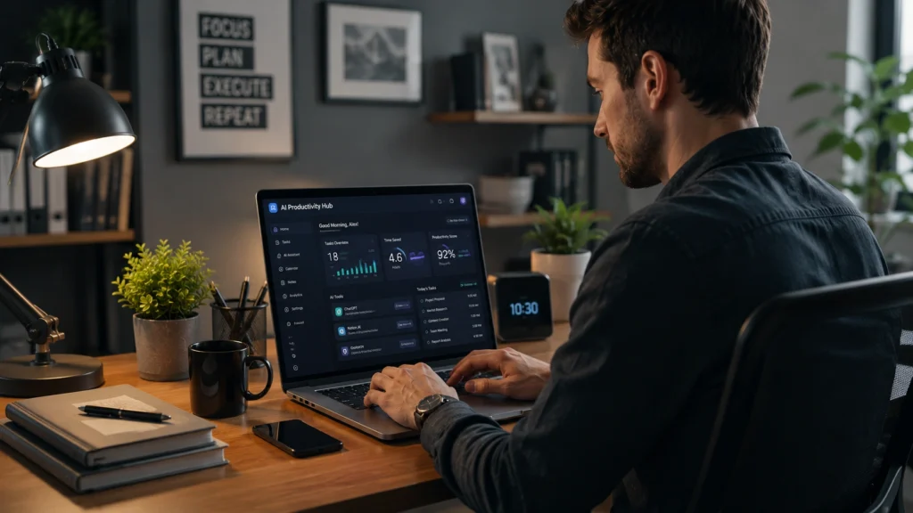 AI productivity dashboard helping professionals organize tasks, schedules, and daily workflows