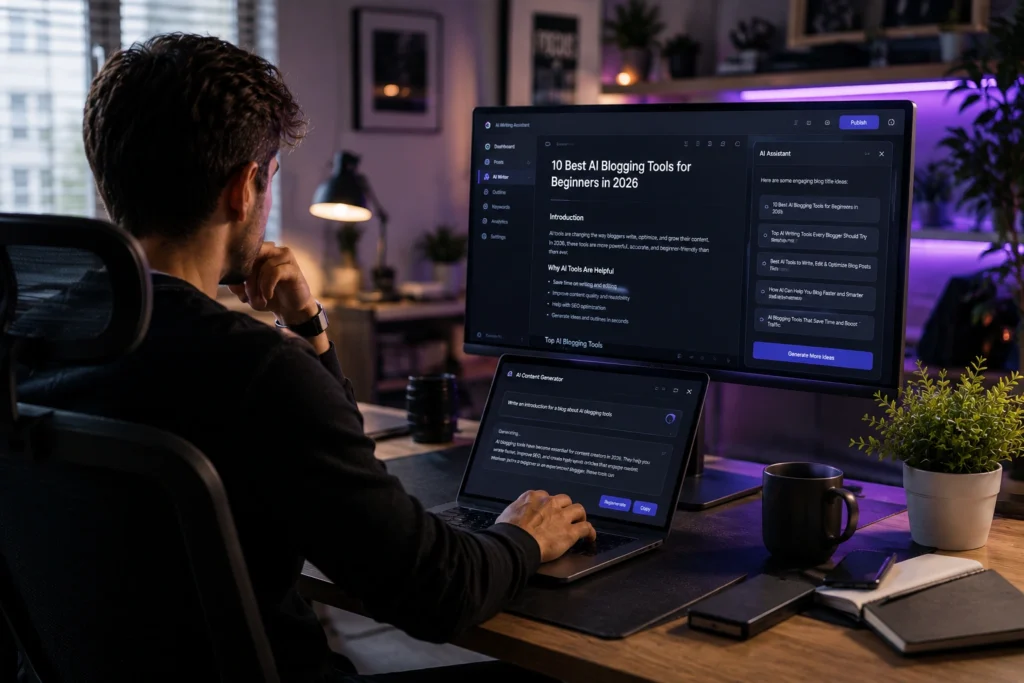 Blogger using AI writing tools to create articles, generate content ideas, optimize SEO, and manage blog publishing workflows from a modern digital workspace.
