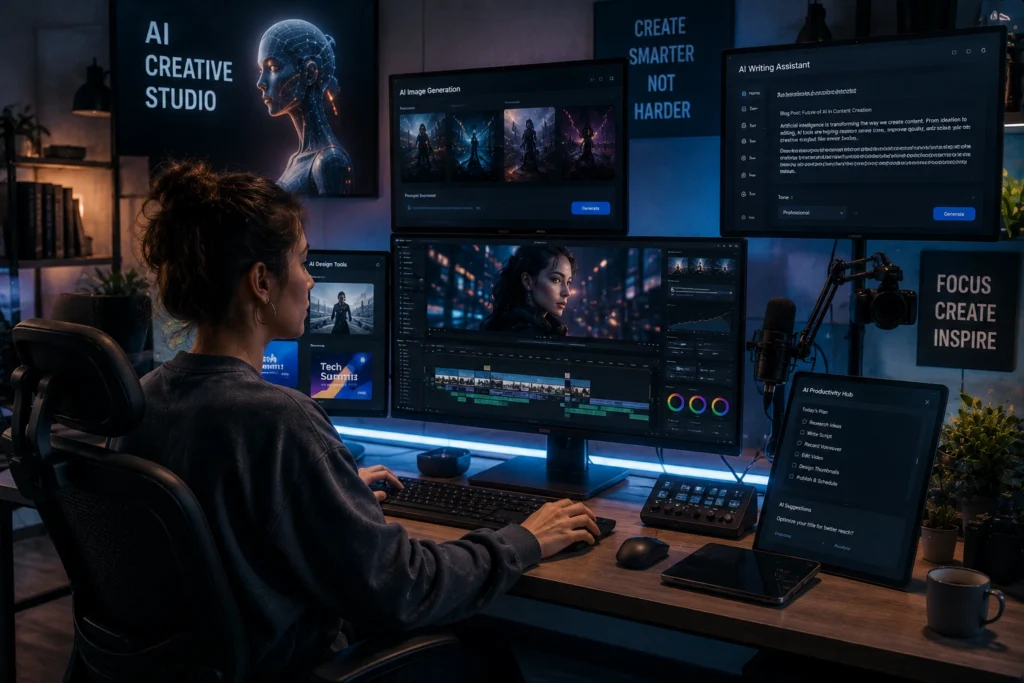 Content creator using AI-powered writing, image generation, and content creation tools to produce digital content faster, improve productivity, and streamline creative workflows.