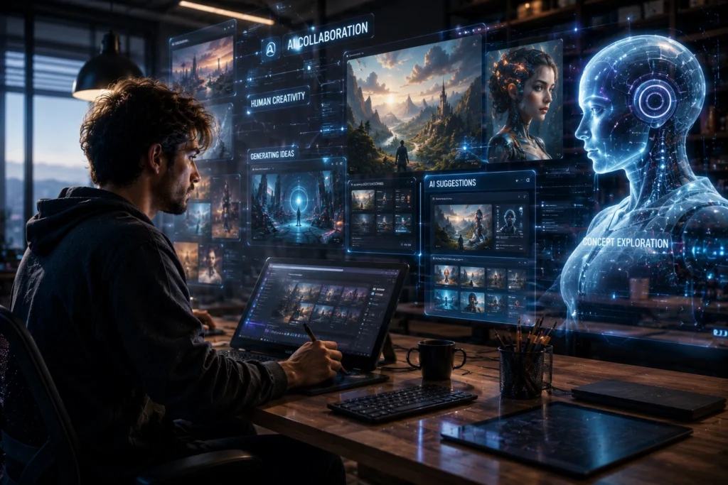 Creator collaborating with an AI image generation system to create realistic digital artwork, fantasy landscapes, character portraits, and creative visual content.