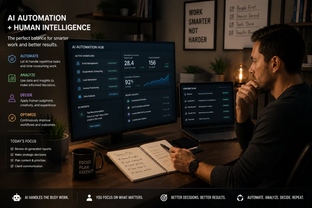Professional analyzing AI automation dashboards and workflow systems while balancing automation with human decision-making, productivity, and business growth.