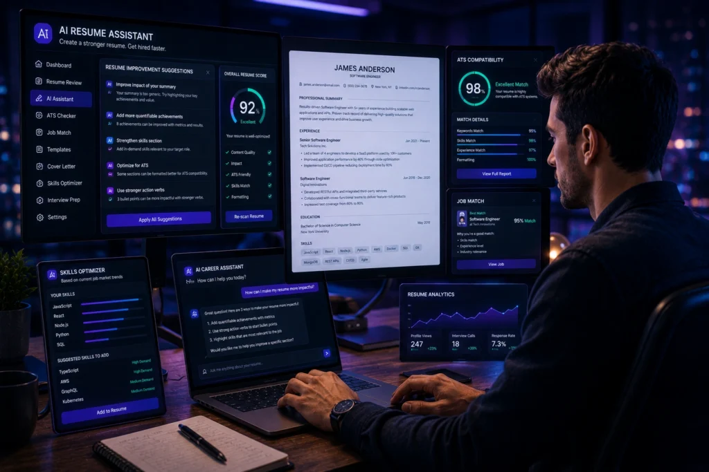 AI resume assistant helping job seekers improve resumes with ATS optimization and content suggestions.