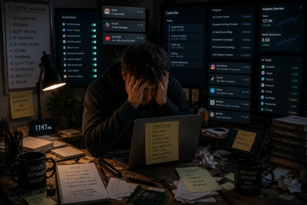 Content creator overwhelmed by AI-powered content demands, constant publishing pressure, and digital workload