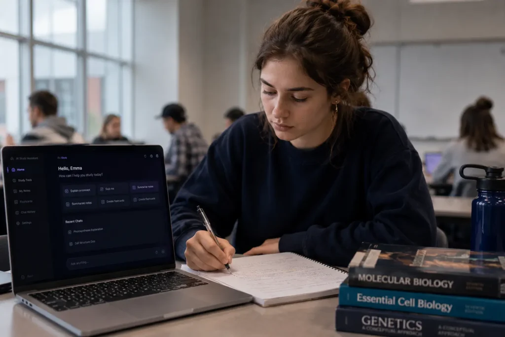 Student using AI-powered study tools on a laptop in a classroom to research, summarize information, and complete academic assignments more efficiently