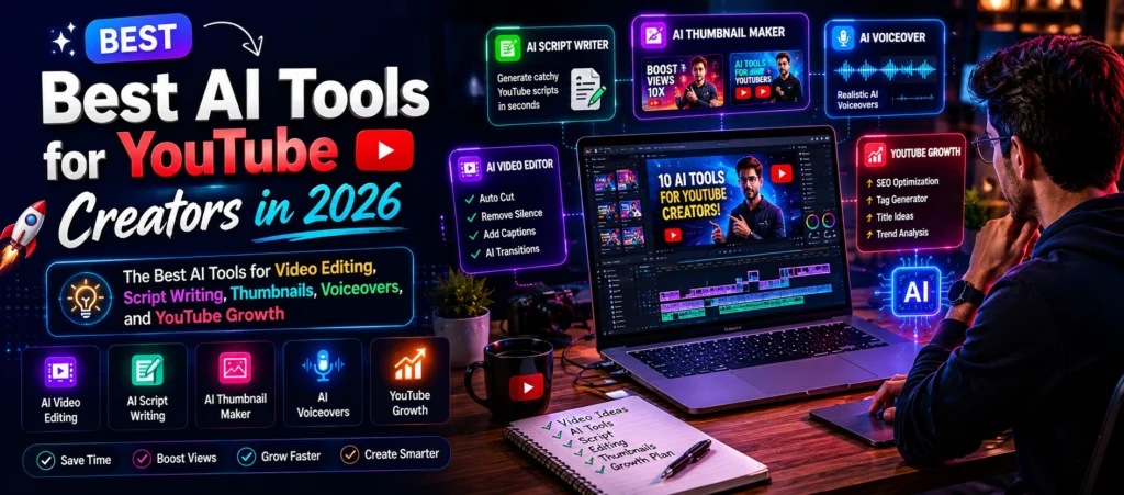 Best AI tools for YouTube creators including AI video editing, thumbnail generation, script writing, voiceovers, and channel growth tools in 2026