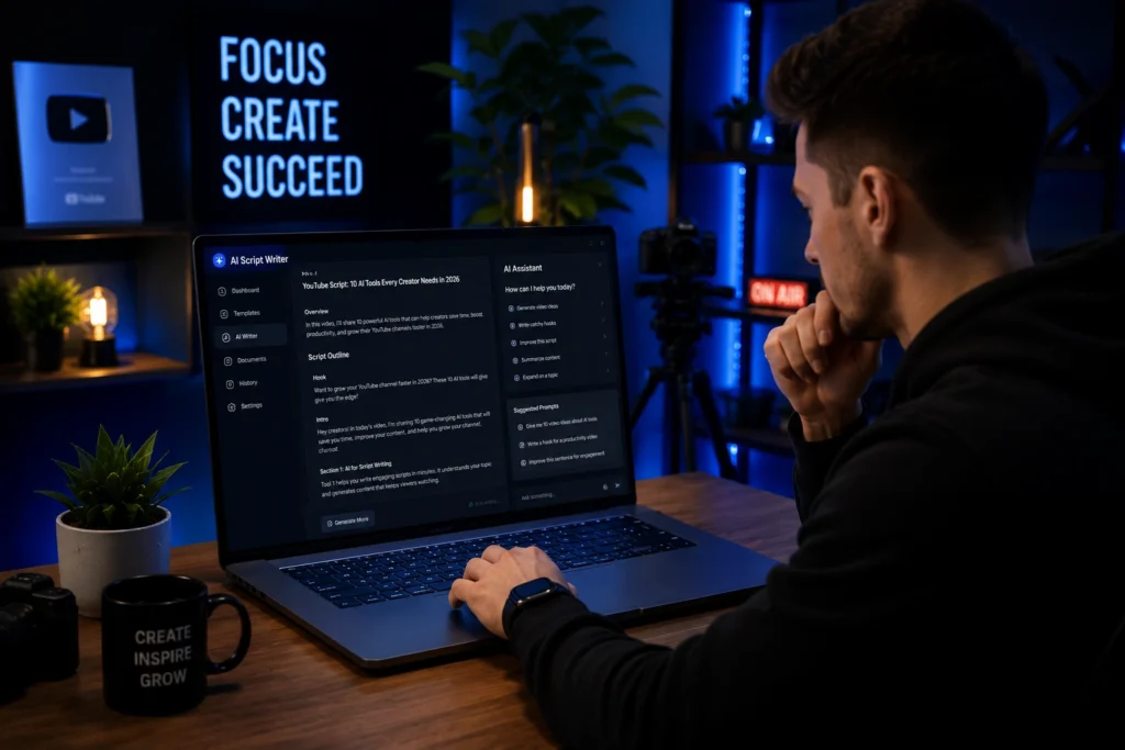 YouTube creator using ChatGPT for video script writing, content planning, idea generation, audience research, and YouTube content strategy