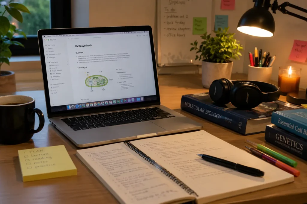 Student using AI writing and assignment tools on a laptop to research topics, organize ideas, improve grammar, and complete academic work more efficiently