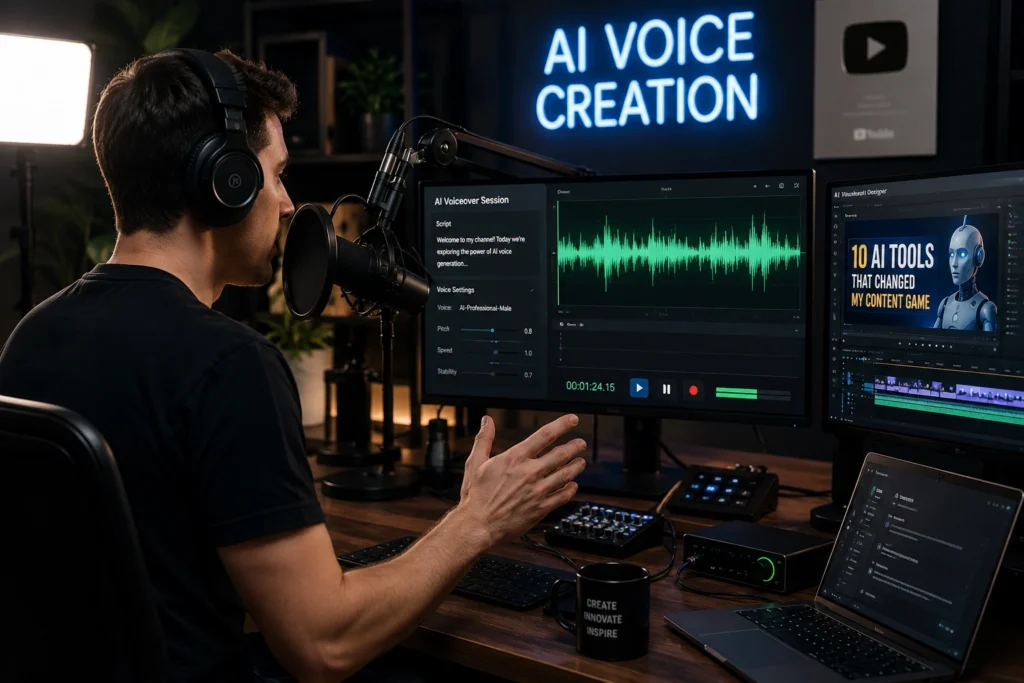 YouTube creator using ElevenLabs AI for voiceovers, narration, audio enhancement, multilingual dubbing, and content production