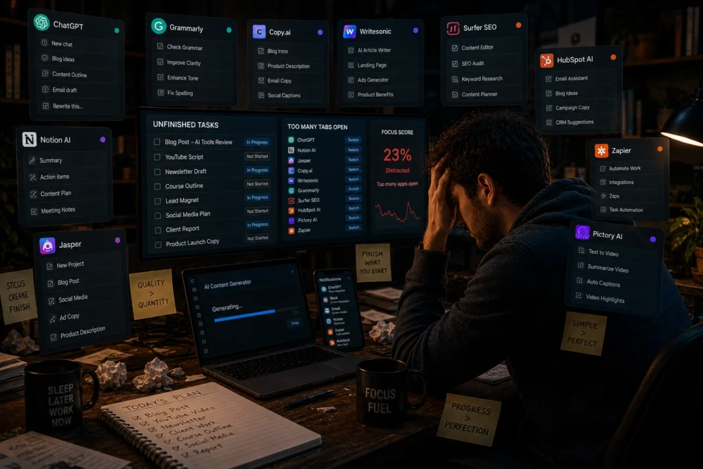 Overwhelmed creator switching between multiple AI tools and productivity apps, showing workflow overload, distraction, unfinished tasks, and declining productivity despite heavy automation.