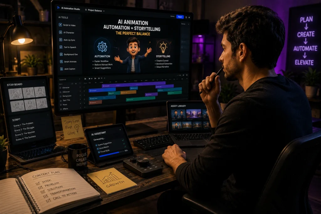 Content creator using AI animation software to combine automation, storytelling, video editing, and creative workflows for professional animated content creation.