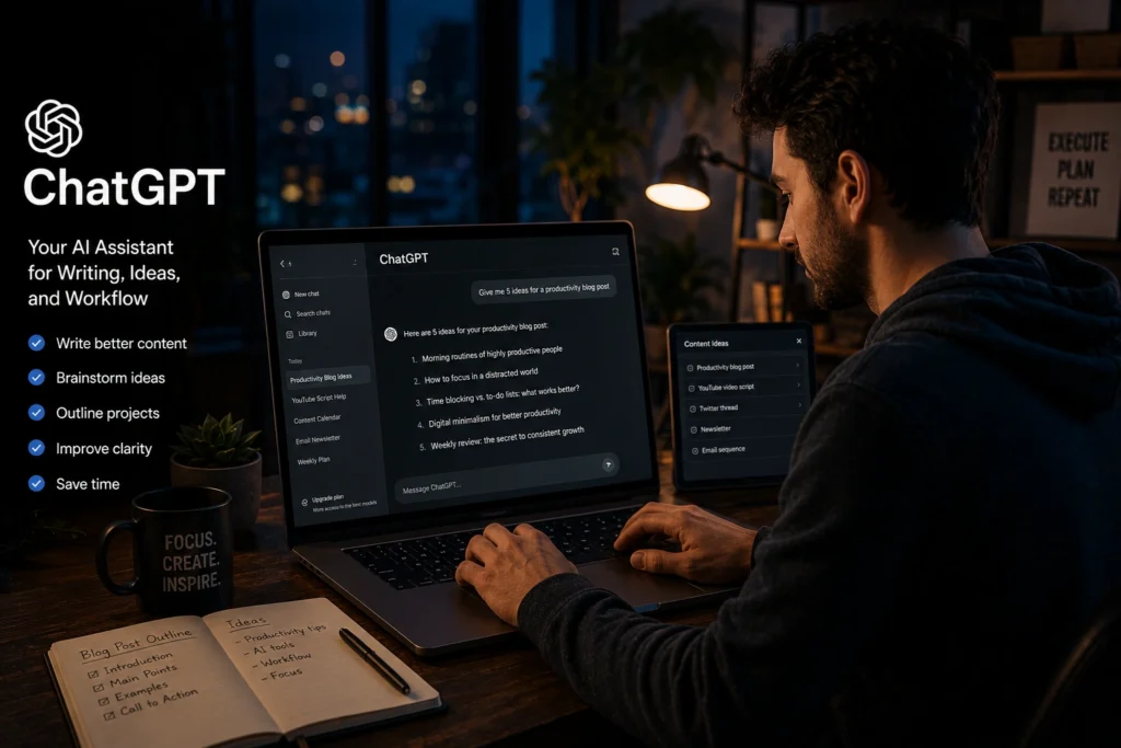 ChatGPT helping a creator brainstorm ideas, write content, and improve productivity in 2026