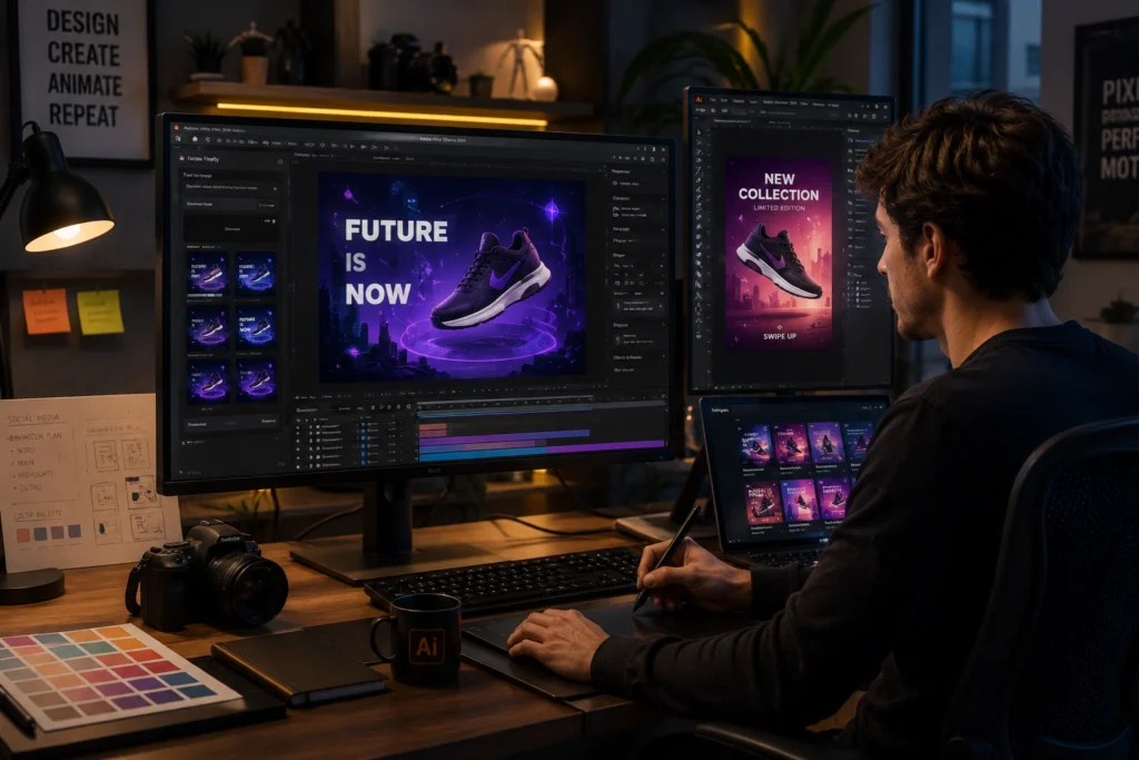 Creator using Adobe Express AI Animation tools to design animated social media posts, promotional videos, motion graphics, and branded marketing content.