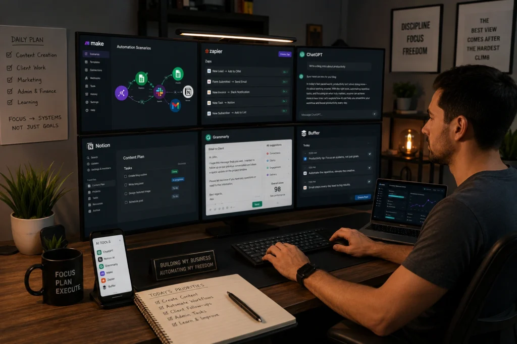 Content creator using AI automation tools including ChatGPT, Zapier, Make, Notion, Grammarly, and Buffer to manage workflows, content production, and business operations